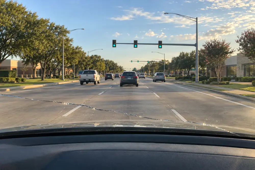 Crack across the lower windshield with a broad road and traffic lights ahead
