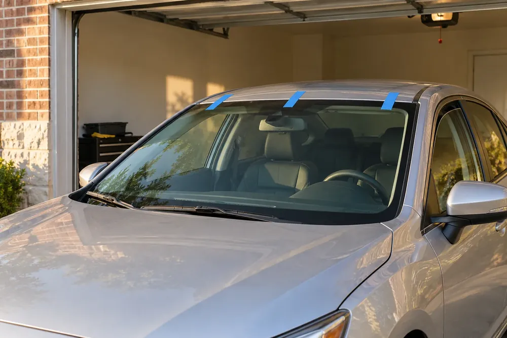 Blue tape along a windshield in an open garage with a side window slightly open