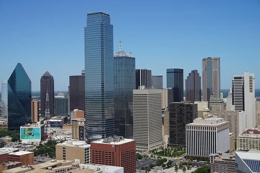 Aerial view of downtown Dallas towers from Reunion Tower in Dallas, Texas
